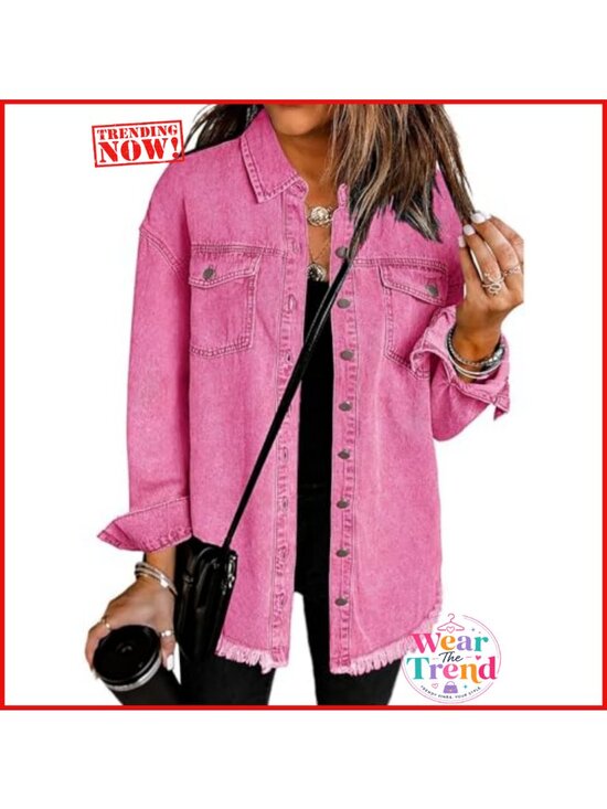 Jackets & Blazers - Oversized Button Up Frayed Hem Denim Shacket Jean Jacket Loose Fit